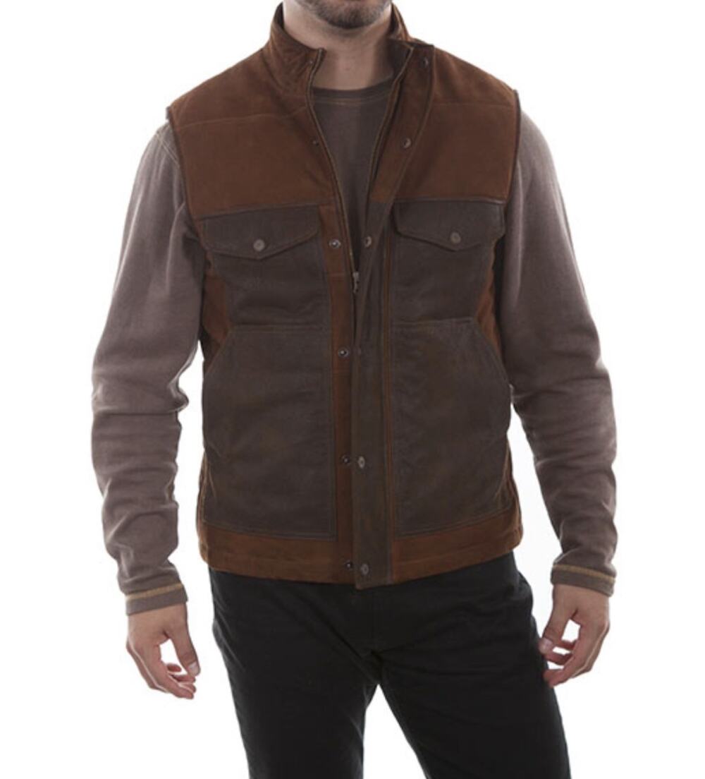 Scully Outdoor Mens Vest Medium Two-Tone Brown Lamb Suede & Vintage Leather